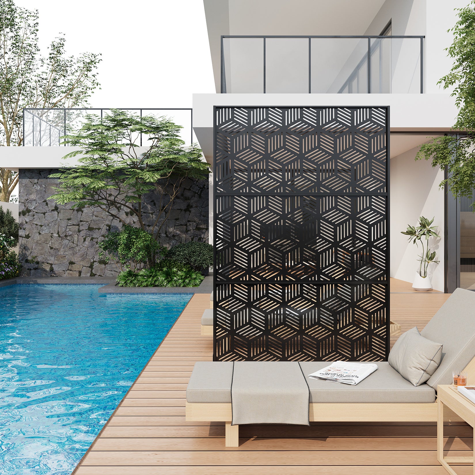 Pantalla de privacidad metálica autoportante para jardín color negro diseño de cubos 3D Garvee